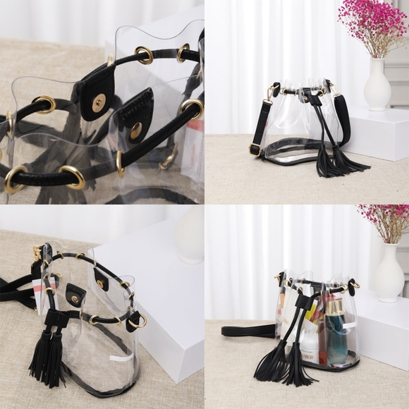 Gold Transparent Clear Bucket Crossbody Bag Purse Leather Womens Accessory - Picture 3 of 3